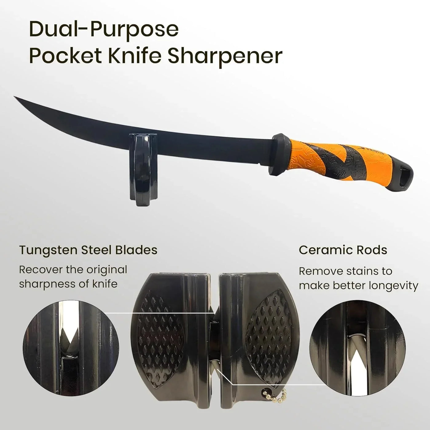 Dual-purpose pocket knife sharpener with tungsten steel blades and ceramic rods for kitchen knives