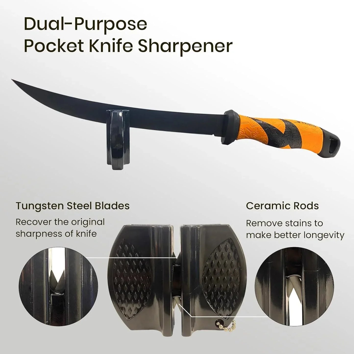 Dual-purpose pocket knife sharpener with tungsten steel blades and ceramic rods for kitchen knives