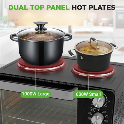2-In-1 Convection Oven & Cooker - 30 Quart, 1500W Multi-Function Kitchen Oven with Dual Hot Plates, 7 Cooking Modes Including Rotisserie, Broil, Bake - 19.6 X 16.0 X 13.5 Inches