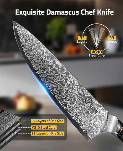 Chef Knife, 8 Inch Damascus Steel with Japanese High Carbon 10Cr15Mov Core, Full Tang Ergonomic Handle for Balance & Control, Razor Sharp Kitchen Utility Knife for Cooking with Sheath & Box
