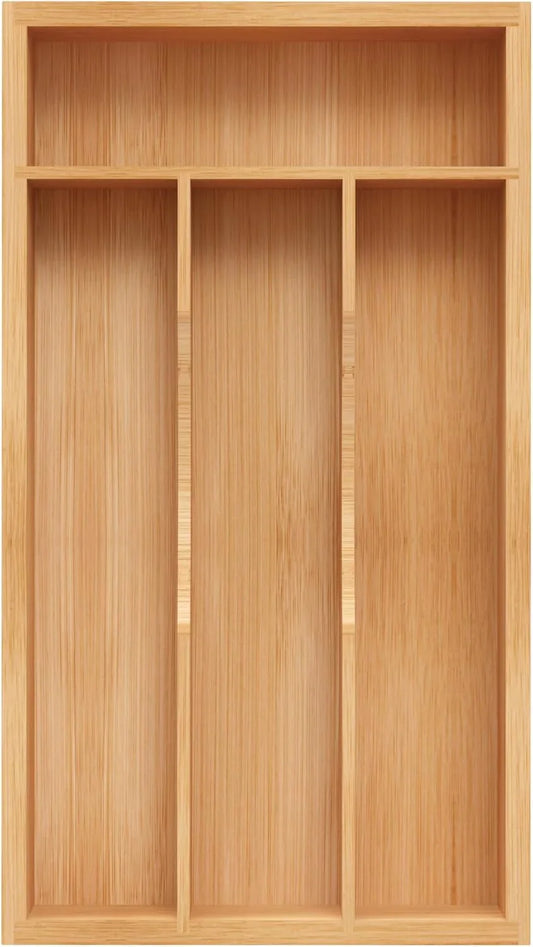 Small Silverware Organizer, Bamboo Kitchen Drawer Organizer, Utensil Holder, Cutlery Tray & Spoon Flatware Storage with Grooved Drawer Dividers (6.7''W X 12''D)