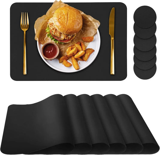 Placemats Set of 6 Placemat with Coasters Heat Stain Scratch Resistant Non-Slip Waterproof Oil-Proof Washable Wipeable Outdoor Indoor for Dining Patio Table Kitchen Decor and Kids (Black 6)