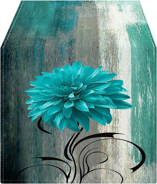 Soft Thick Chenille Teal and Grey Table Runner 72 Inches Long Vintage Abstract Painting Flowers Spring Summer Rustic Dining Table Decorations for Home Indoor Outdoor