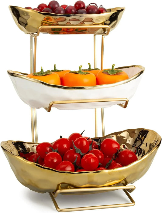3 Tier Fruit Bowl for Kitchen Counter, White Gold Ceramic Fruit Stand for Countertop, Home Fruit Rack with Holder, Vegetable Bowl Snacks Nuts Bread Candy Storage (Gold)