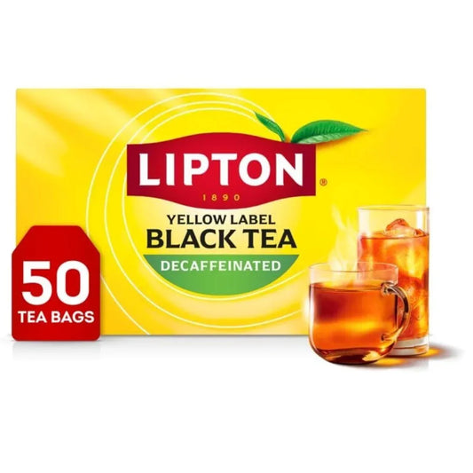 Lipton Yellow Label Decaffeinated Black Tea box with 50 tea bags, shown with hot and iced tea glasses