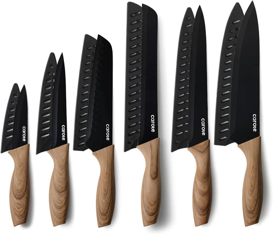 12PCS Knife Set, Stainless Steel Kitchen Knife Set with Nonstick Ceramic Coating, 6 Knives with Blade Guards, Rustproof, Easy-Clean, Black