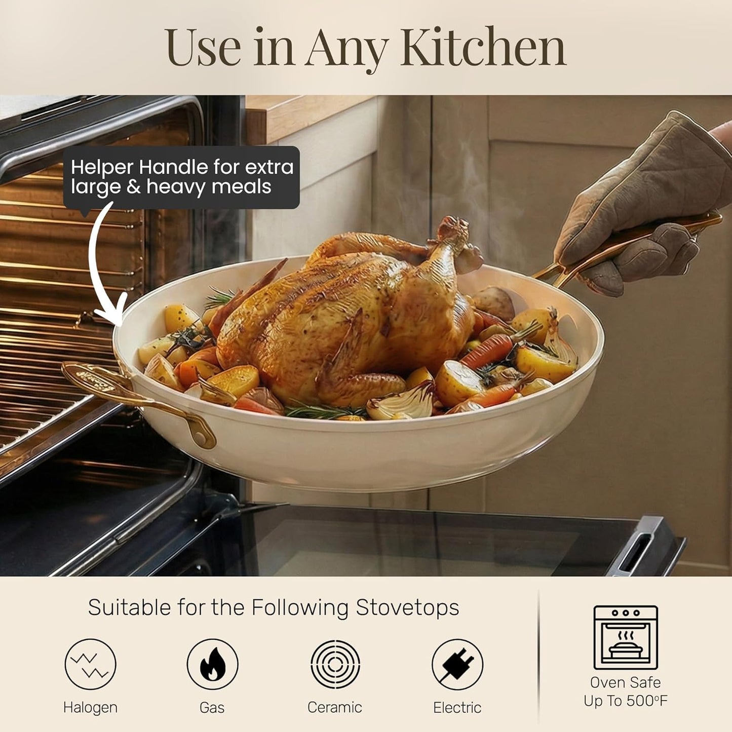 14 Inch Nonstick Frying Pan with Lid, Large Ceramic Skillet for Family, Non Toxic PFOA PFOS PFAS Free, Oven & Dishwasher Safe 500°F, Even Heat Distribution, Cream