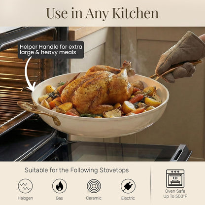 14 Inch Nonstick Frying Pan with Lid, Large Ceramic Skillet for Family, Non Toxic PFOA PFOS PFAS Free, Oven & Dishwasher Safe 500°F, Even Heat Distribution, Cream