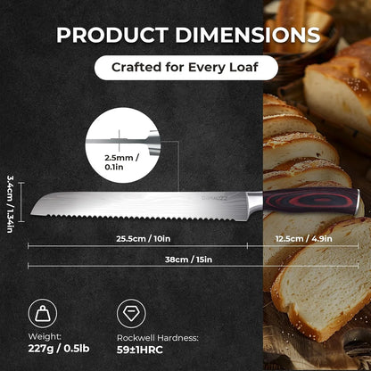 10 Inch Bread Knife, Serrated Knife for Homemade Bread, Razor Sharp High Carbon Stainless Steel Sourdough Cutter, Professional Bakery Kitchen Knives with Ergonomic Handle for Bagel, Cake