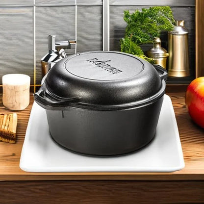 Cast Iron Double Dutch Oven - Pre-Seasoned 2-In-1 Cast Iron Cookware - Pot & Skillet Combo - Even Heat Retention - Oven-Safe, Versatile Pot - 5 Quart