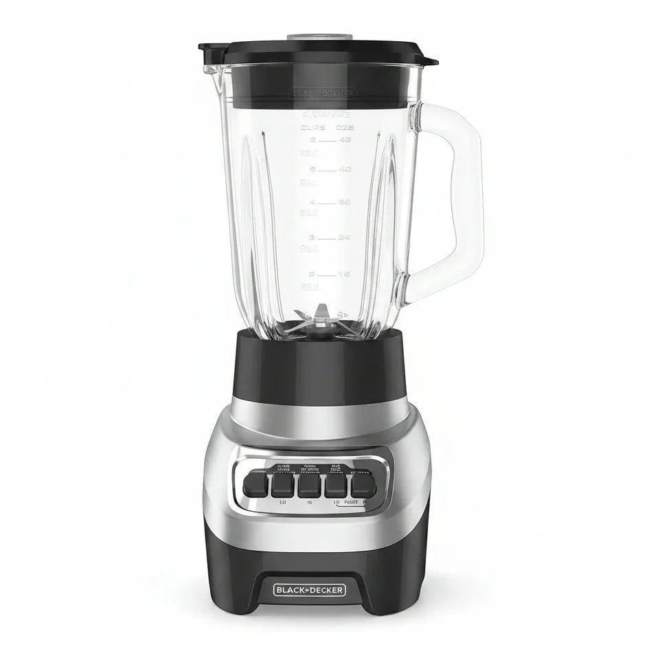 Black+Decker blender with clear pitcher and control buttons for smoothies and kitchen blending tasks