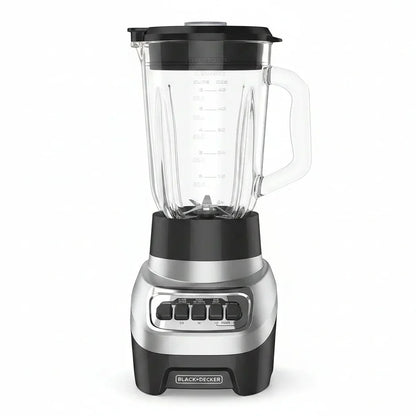 Black+Decker blender with clear pitcher and control buttons for smoothies and kitchen blending tasks