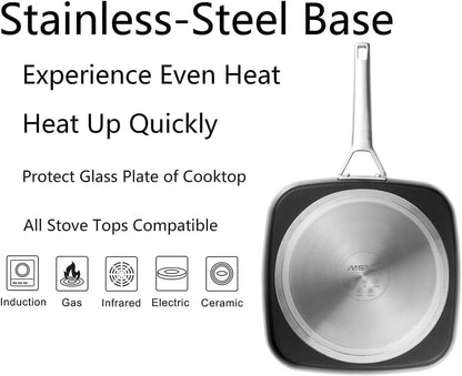 Square Grill Pan with Lid, 9.5 Inch Titanium and Ceramic Nonstick Grilling Skillet Pan，Stay-Cool Handle，Compatible with All Stovetops，Pfoa Free，Dishwasher & Oven Safe，Indoor Chicken Skille