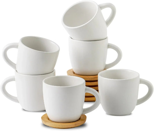 6 Ounce Ceramic Cappuccino Cups with Saucers for Espresso,Double Shot, Latte, Cafe Mocha, Stackable Coffee Cups Espresso Cups with Handle for Cafes, Home, Office, White