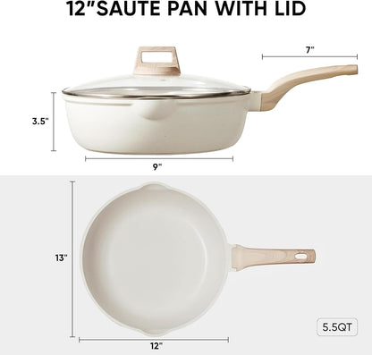 12Inch Nonstick Deep Frying Pan with Lid, 5.5 Qt Jumbo Cooker Saute Pan with Pour Spout, Skillet Induction Cookware, Non Stick Cooking Pan Kitchen Pan PFOA Free, White Granite