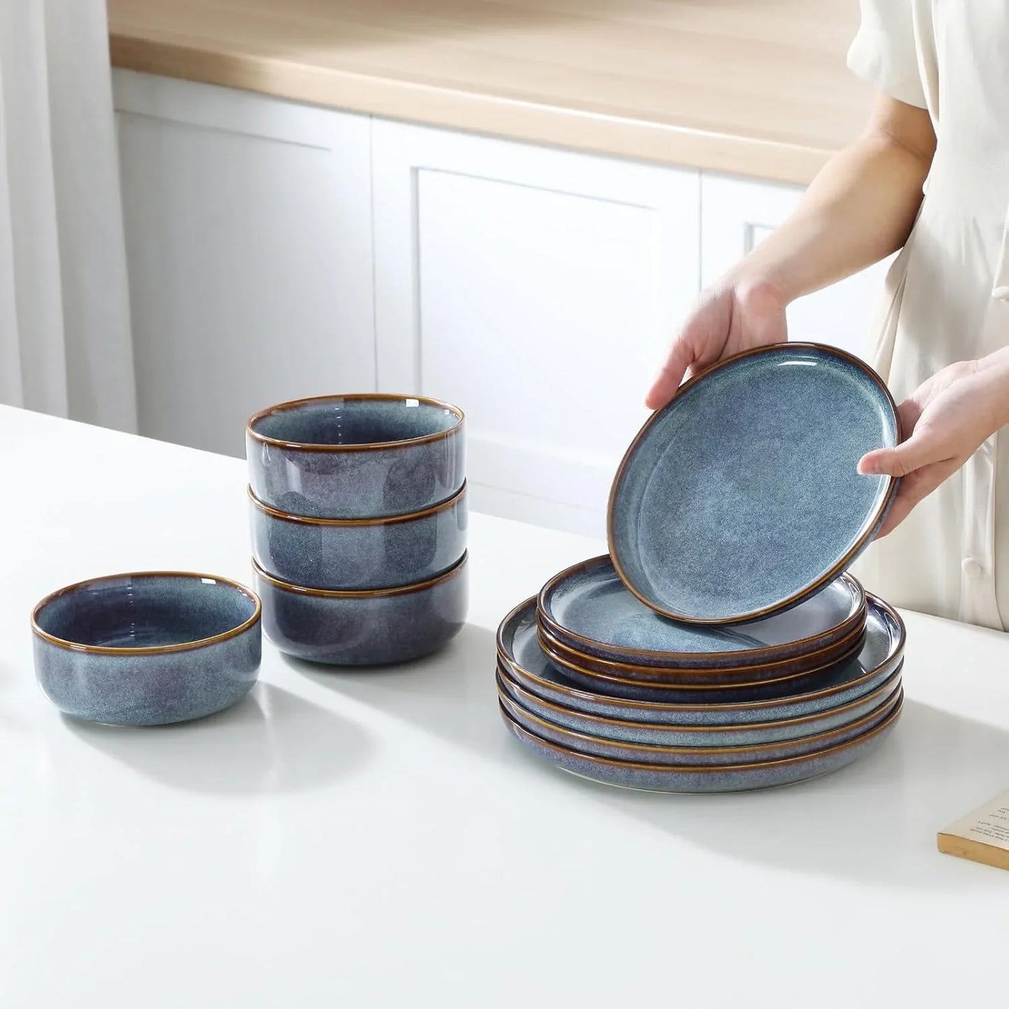 PLAYA Plates and Bowls Sets, 12 Pieces Grey-Blue Dinnerware Sets for Kitchen, Reactive Glaze Dishes Set for 4, Dishwasher and Microwave Safe