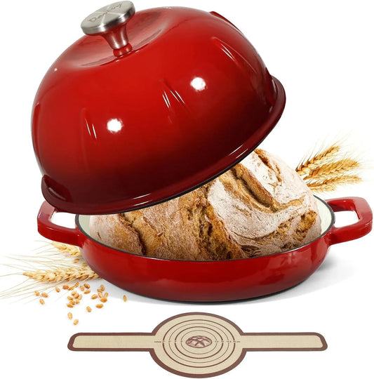 5QT Cast Iron Sourdough Dutch Oven, round Bread Oven for Sourdough, Enamel Bread Cloche Dutch Oven Bread Dome with Slicone Bread Sling - Cherry Red