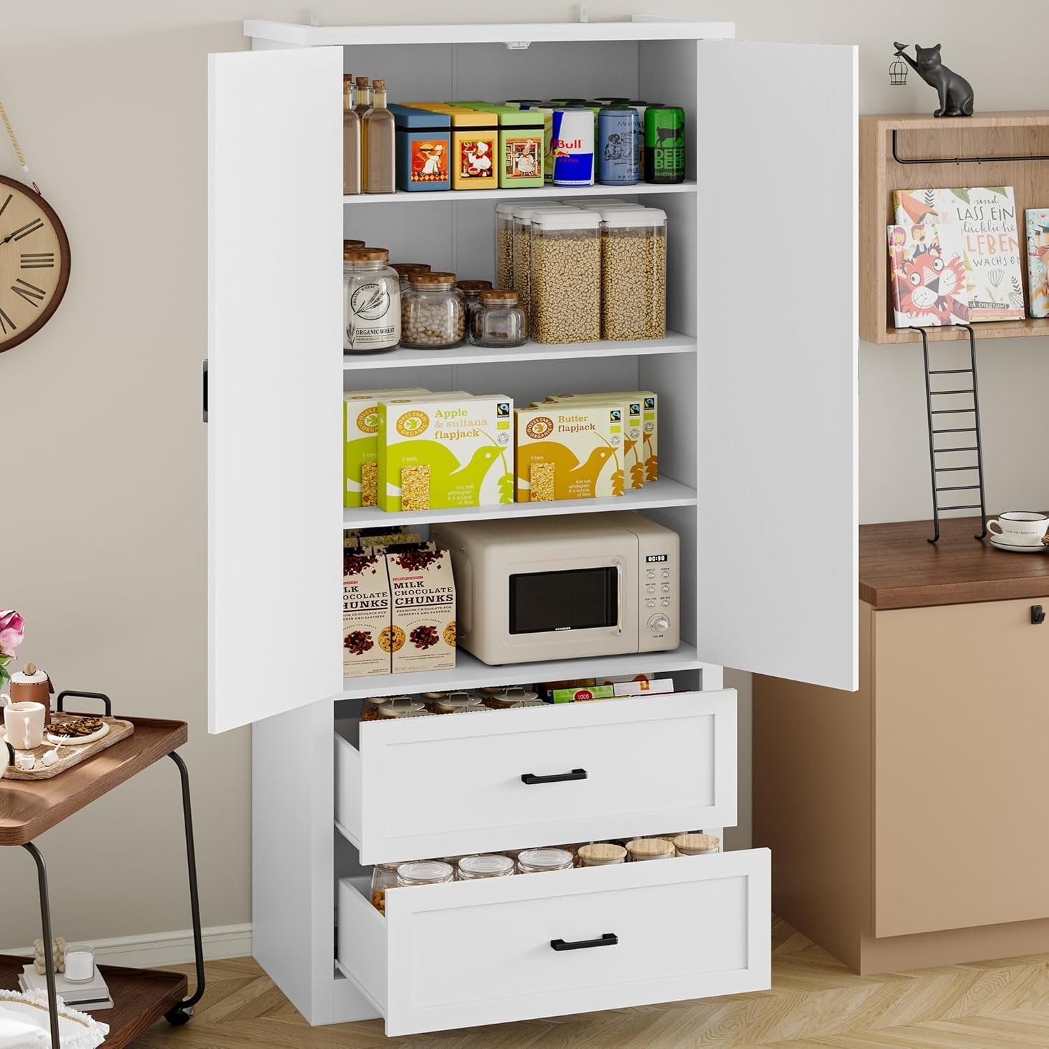 Pantry Organizers and Storage Cabinet, 71” Barn Door White Kitchen Cabinet with Drawers and Adjustable Shelf, Tall Pantry for Kitchen, Dining Room, Living Room. Bathroom and Office