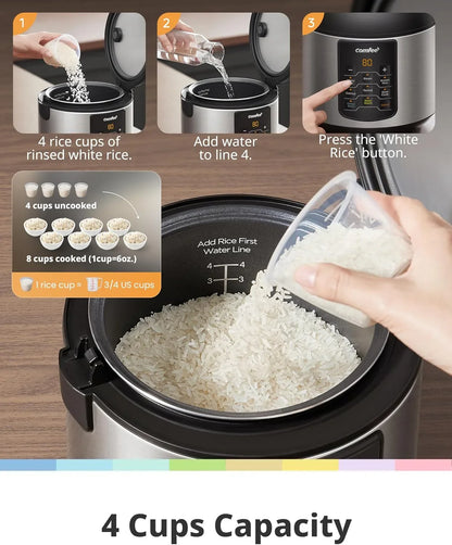 Compact Rice Cooker, 6-In-1 Stainless Steel Multi Cooker, Slow Cooker, Steamer, Saute, and Warmer, 2 QT, 8 Cups Cooked(4 Cups Uncooked), Brown Rice, Quinoa and Oatmeal, 6 One-Touch Programs, Corded Electric