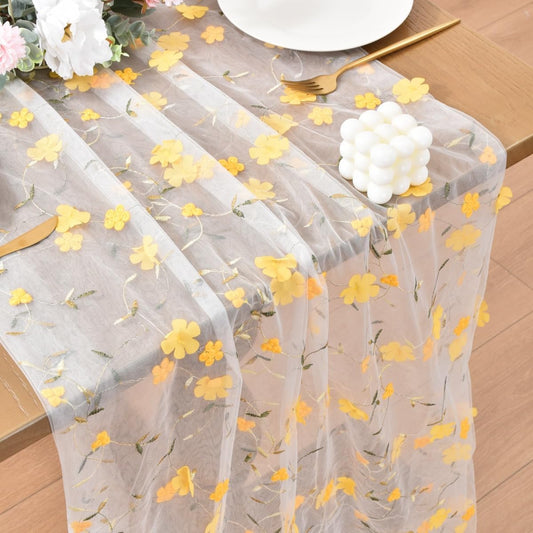 Yellow Embroidery Floral Easter Table Runner 10FT Seasonal Rustic Tulle Table Runner for Spring Summer Wedding Party Decoration Baby Shower DIY Craft