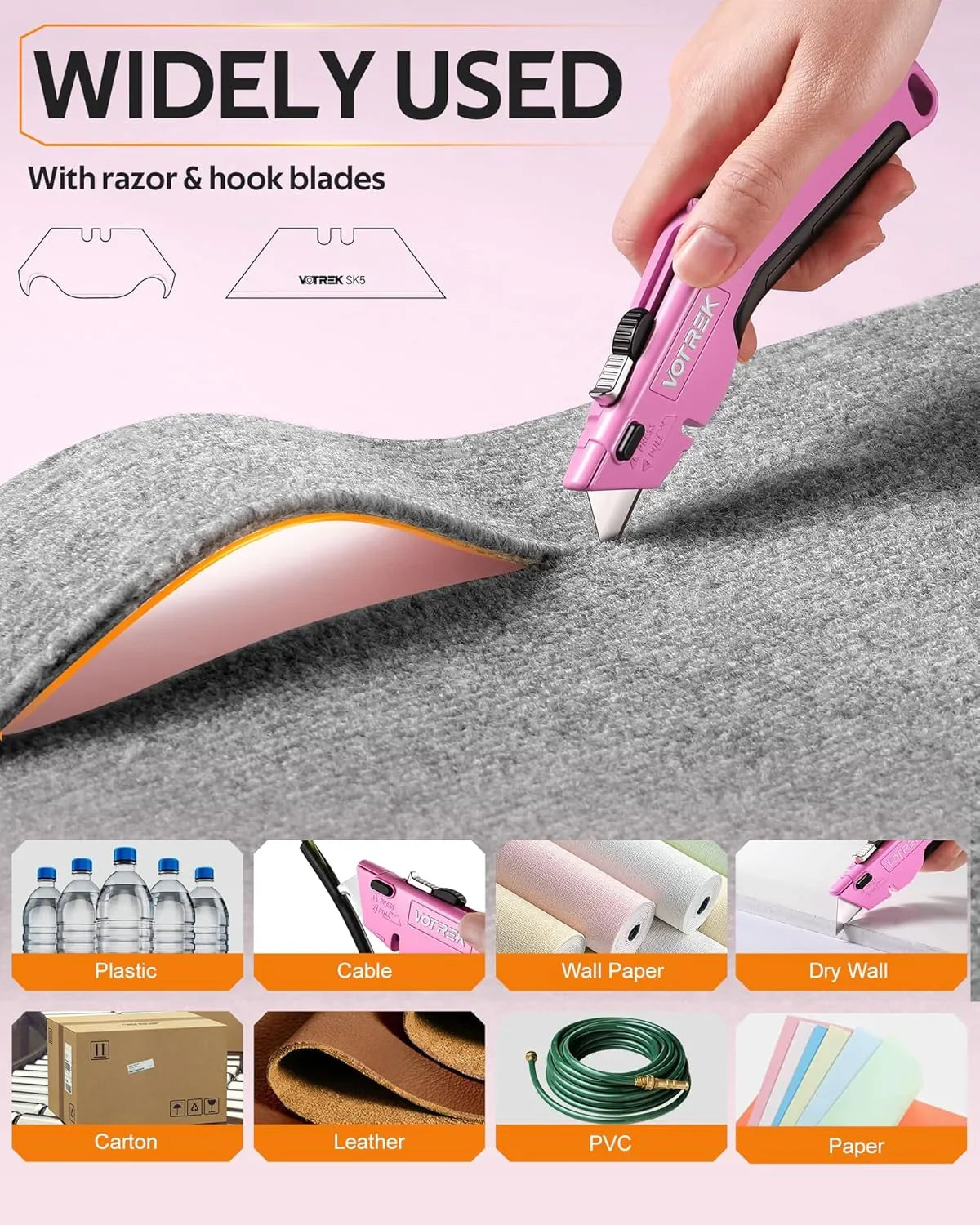 ® Box Cutter Utility Knife, 2-In-1 Safety Retractable Box Cutter for Women, Quick Change Razor Knife for Home, Office & DIY, Blade Storage Design, with Extra Sharp Razor & Hook Blades (Pink)
