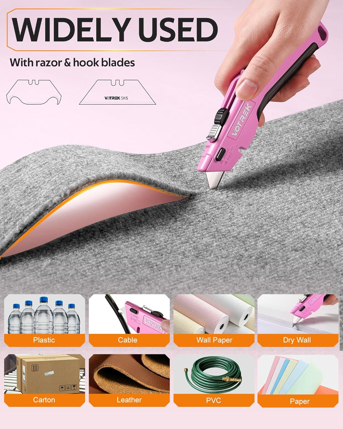 ® Box Cutter Utility Knife, 2-In-1 Safety Retractable Box Cutter for Women, Quick Change Razor Knife for Home, Office & DIY, Blade Storage Design, with Extra Sharp Razor & Hook Blades (Pink)