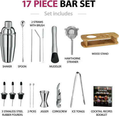 Cocktail Shaker Set - 17 Piece Stainless Steel Mixology Bartender Kit, Drink Martini Shaker, Home Bar Accessories, Cocktail Kit, Stainless Steel Bar Set, Shakers Bartending