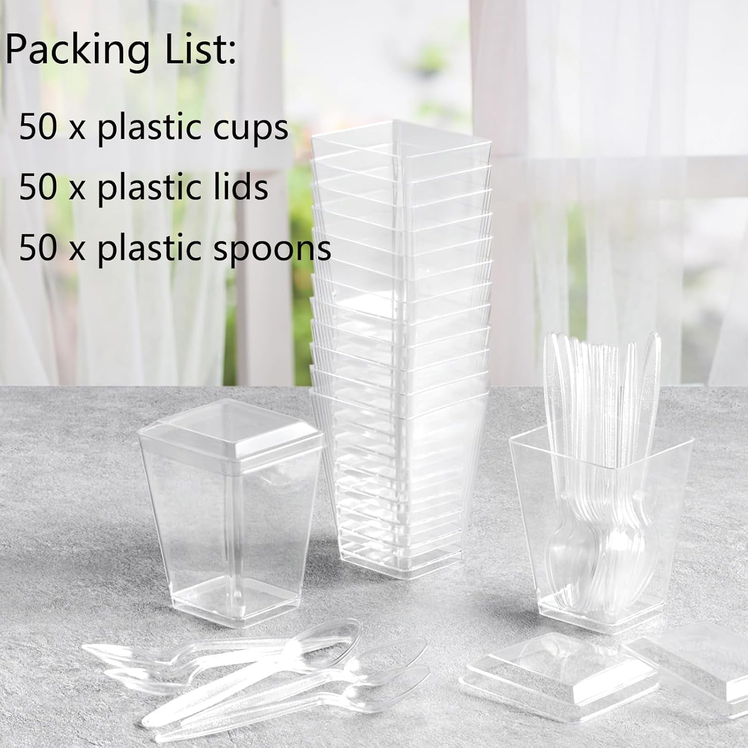 50Pack 5Oz Plastic Dessert Cups with Lids and Spoons, Clear Parfait Appetizer Cups for Party, Mini Shooter Serving Cup, Square Dessert Shot Glasses for Tasting