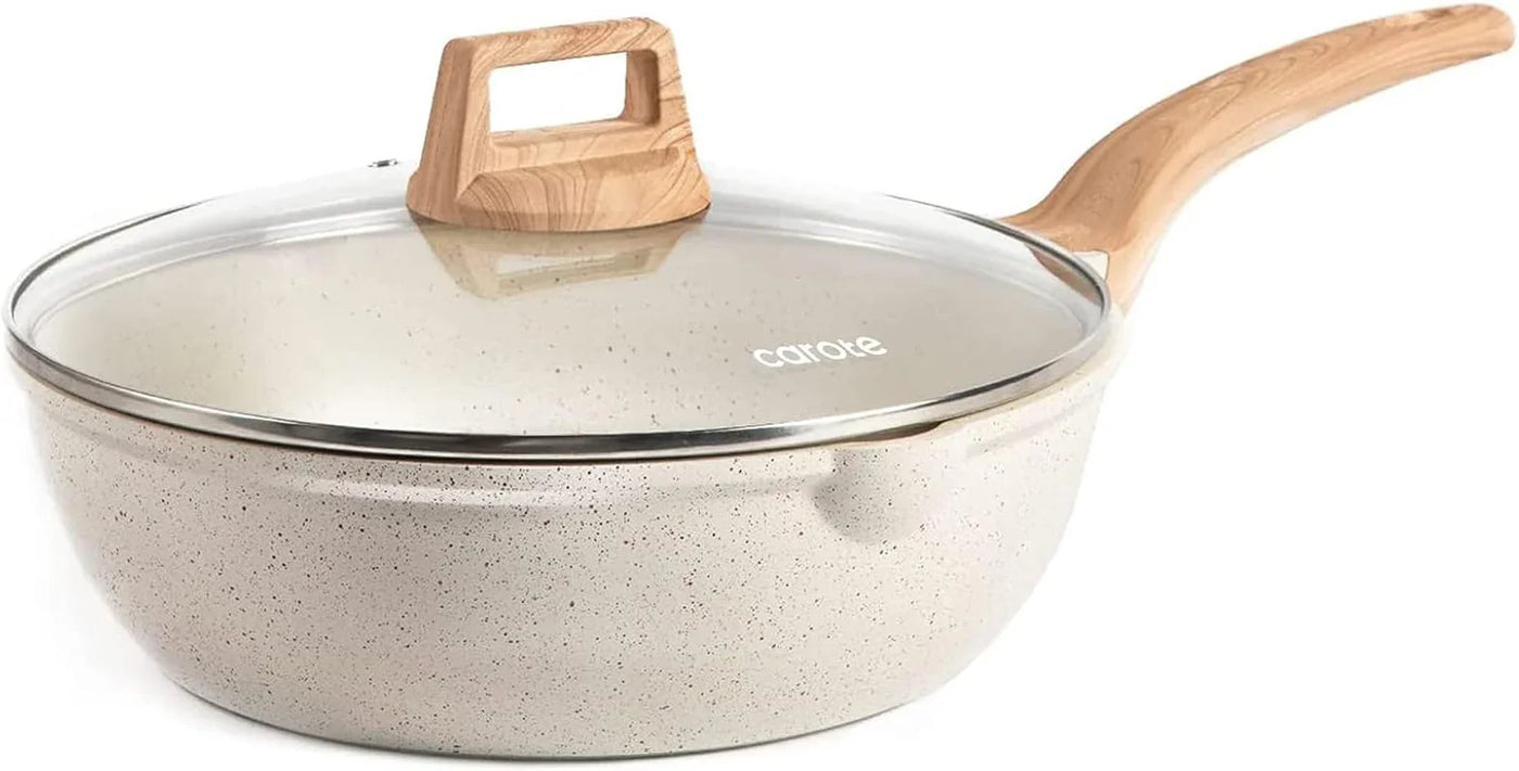 12Inch Nonstick Deep Frying Pan with Lid, 5.5 Qt Jumbo Cooker Saute Pan with Pour Spout, Skillet Induction Cookware, Non Stick Cooking Pan Kitchen Pan PFOA Free, White Granite