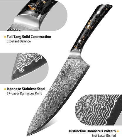 Chef Knife, 8 Inch Damascus Steel with Japanese High Carbon 10Cr15Mov Core, Full Tang Ergonomic Handle for Balance & Control, Razor Sharp Kitchen Utility Knife for Cooking with Sheath & Box