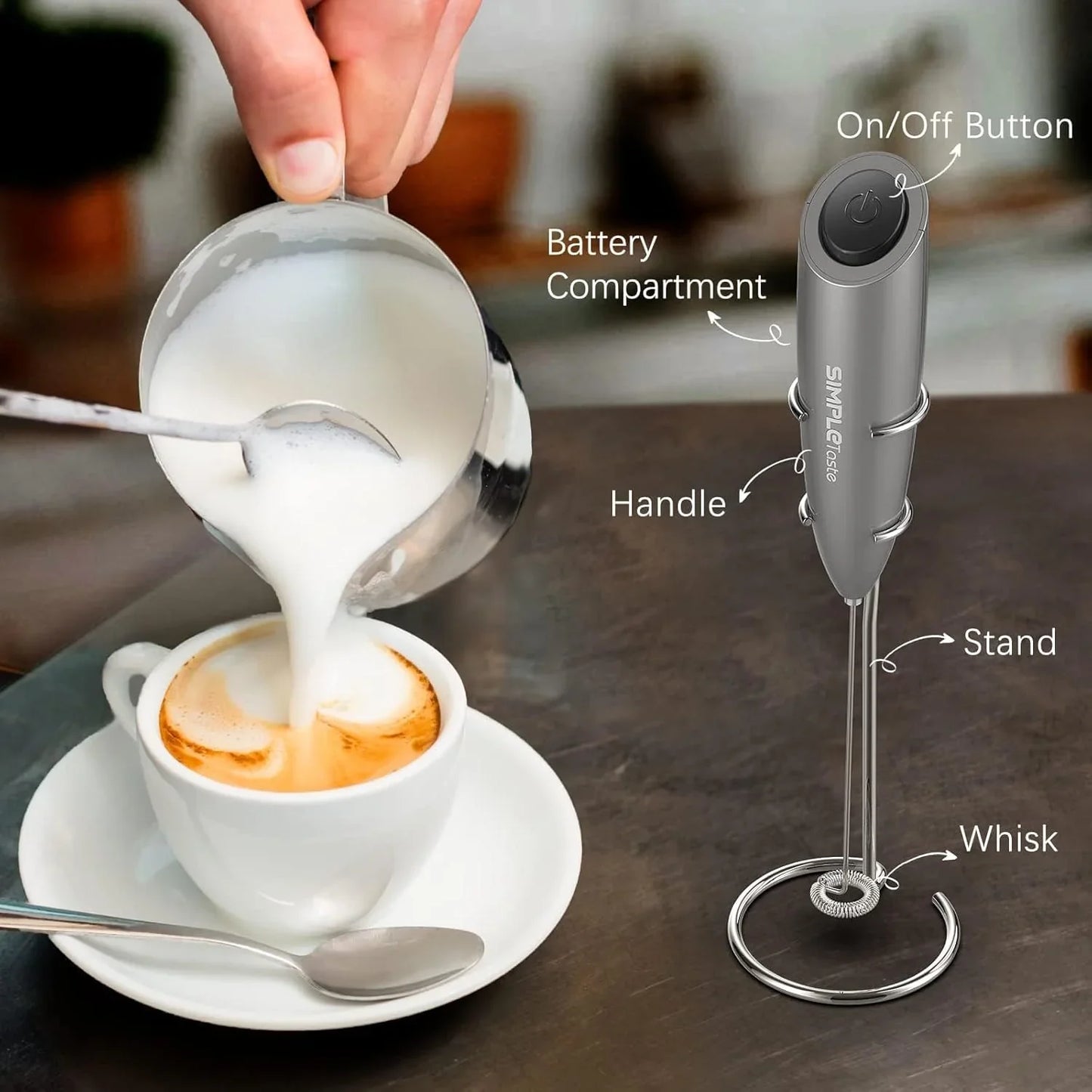 Milk Frother Handheld Electric Foam Maker, Drink Mixer with Stainless Steel Whisk for Cappuccino, Bulletproof Coffee, Latte, Gray, with Stand, Battery Operated