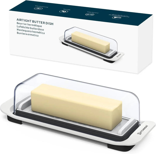 Airtight Butter Dish with Lid for Countertop and Refrigerator Door Shelf, Butter Keeper, Plastic Butter Holder Tray Container for West/East Coast Butter, White