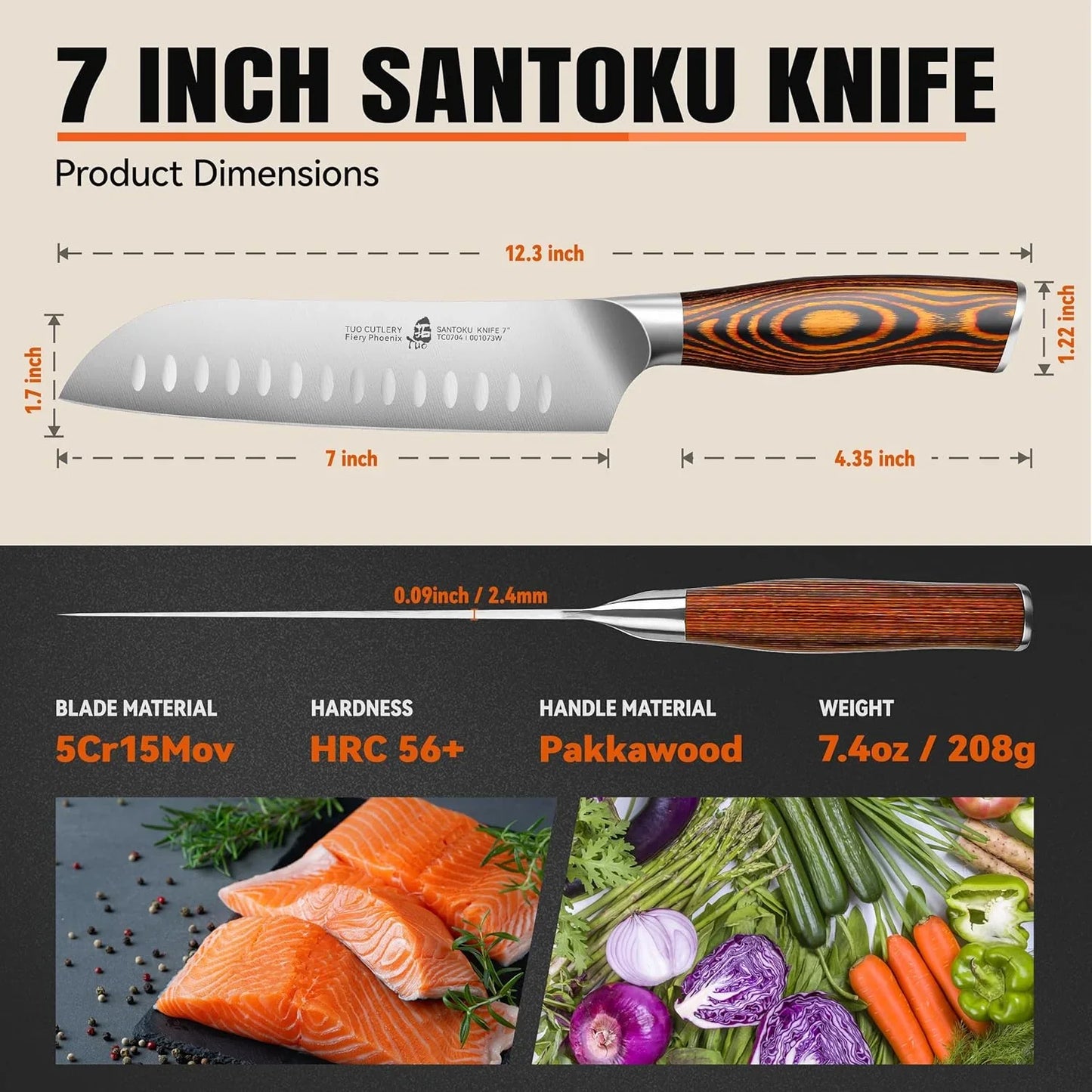 Santoku Knife, 7 Inch Japanese Chef Knife for Vegetable Chopping & Meat Dicing, High Carbon German Steel, Ergonomic Handle - Fiery Phoenix Series