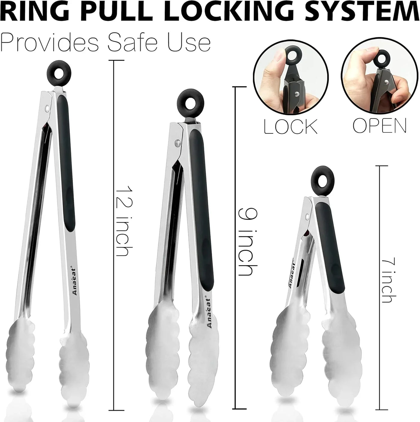 Premium Kitchen Locking Tong Set of 3 - Heavy Duty Stainless Steel Food Tongs with Long Handle & Non-Slip Silicone Grip for Cooking, Baking, Grilling - Heat Resistant up to 480°F