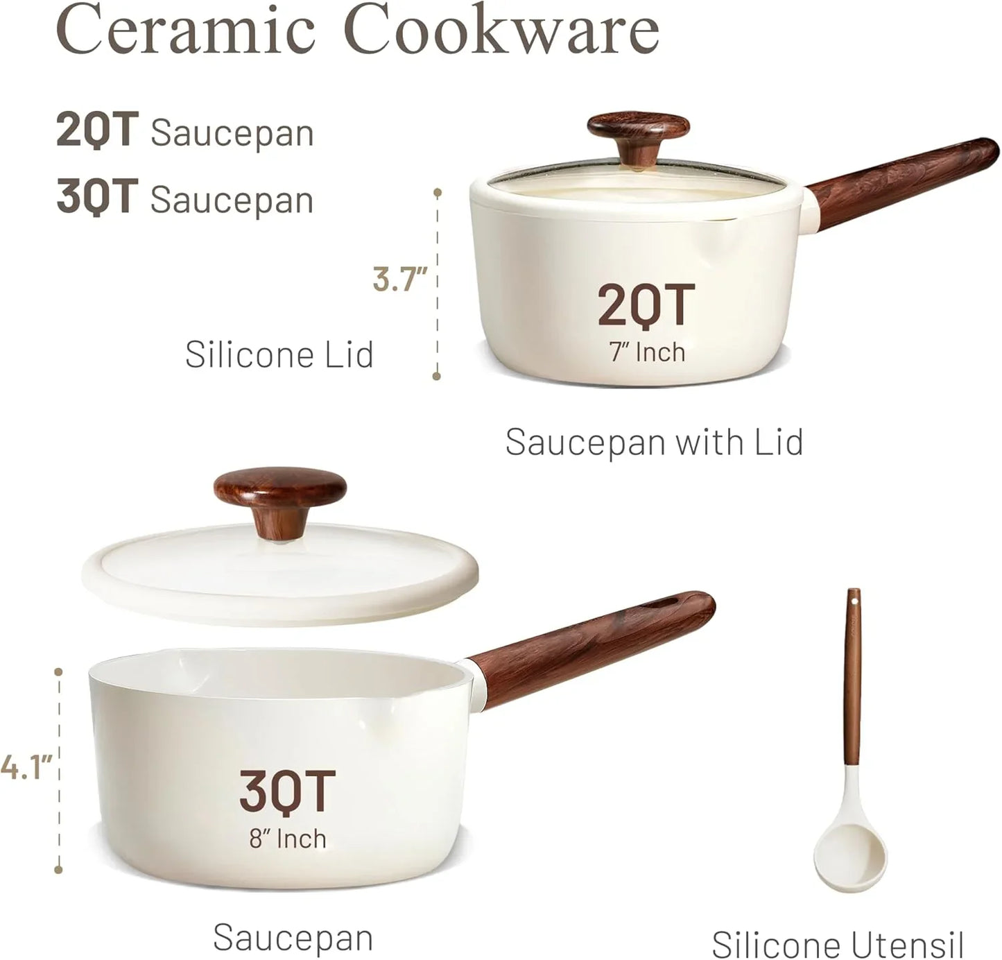 2QT & 3QT Sauce Pan Sets with Lid & Ladle Ceramic Nonstick Pot Set Non Toxic Saucepan Small Kitchen Cooking Pots, Easy to Clean, Induction Comptable, PFAS PTFE Free, White