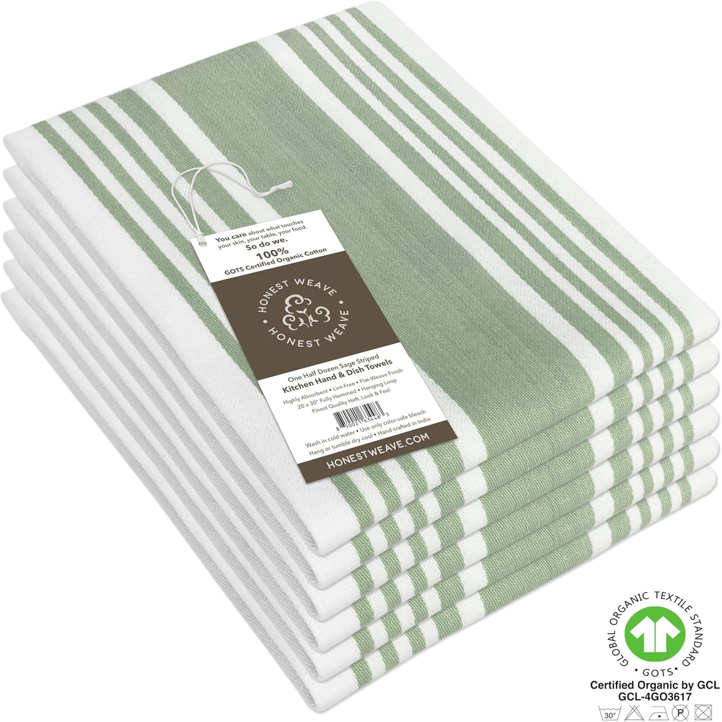 GOTS Certified Organic Cotton Kitchen Hand and Dish Towel Sets - Oversized 20X30 Inches, Fully Hemmed, in Designer Colors, 6-Pack, Sage Stripe