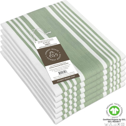 GOTS Certified Organic Cotton Kitchen Hand and Dish Towel Sets - Oversized 20X30 Inches, Fully Hemmed, in Designer Colors, 6-Pack, Sage Stripe