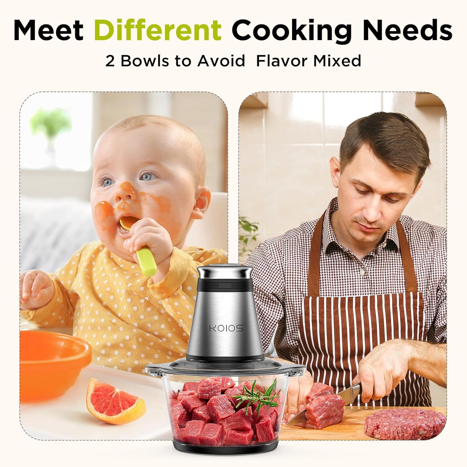 Food Processor, 500W Electric Food Chopper with 2 Bowls (8 Cup+8 Cup) & 2 Bi-Level Blades&, Small Electric Grinder Meat Processor for Nuts, Meat, Onion, Garlic, Baby Food, Black