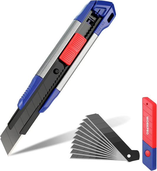 18Mm Retractable Utility Knife, Heavy Duty Snap-Off Box Cutter with 10-Piece SK5 Blades for Cartons, Cardboard and Boxes, Perfect for Office and Home Use