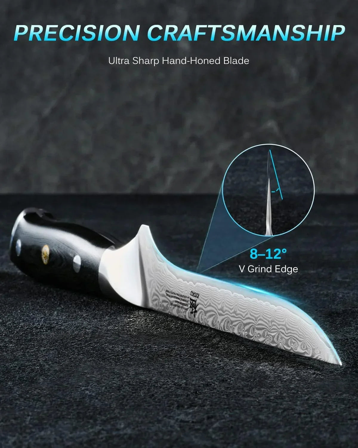 Ultra sharp hand-honed chef knife with 8-12° V grind edge, precision craftsmanship for kitchen prep
