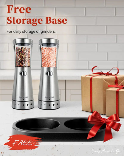 Electric Salt and Pepper Grinder Set with Storage Base, Stainless Steel Rechargeable Salt and Pepper Grinder Set with 4.5 Oz Large Capacity, 1.8" Wide Mouth, Adjustable Coarseness, Ideal for Kitchen
