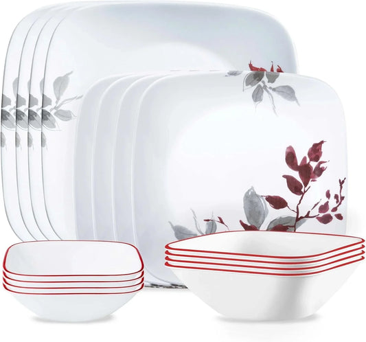 Kyoto Leaves 16Pc, Service for 4, Dinnerware Set, 8 Plates Bowls, Chip & Break Resistant, Dinner and ware White