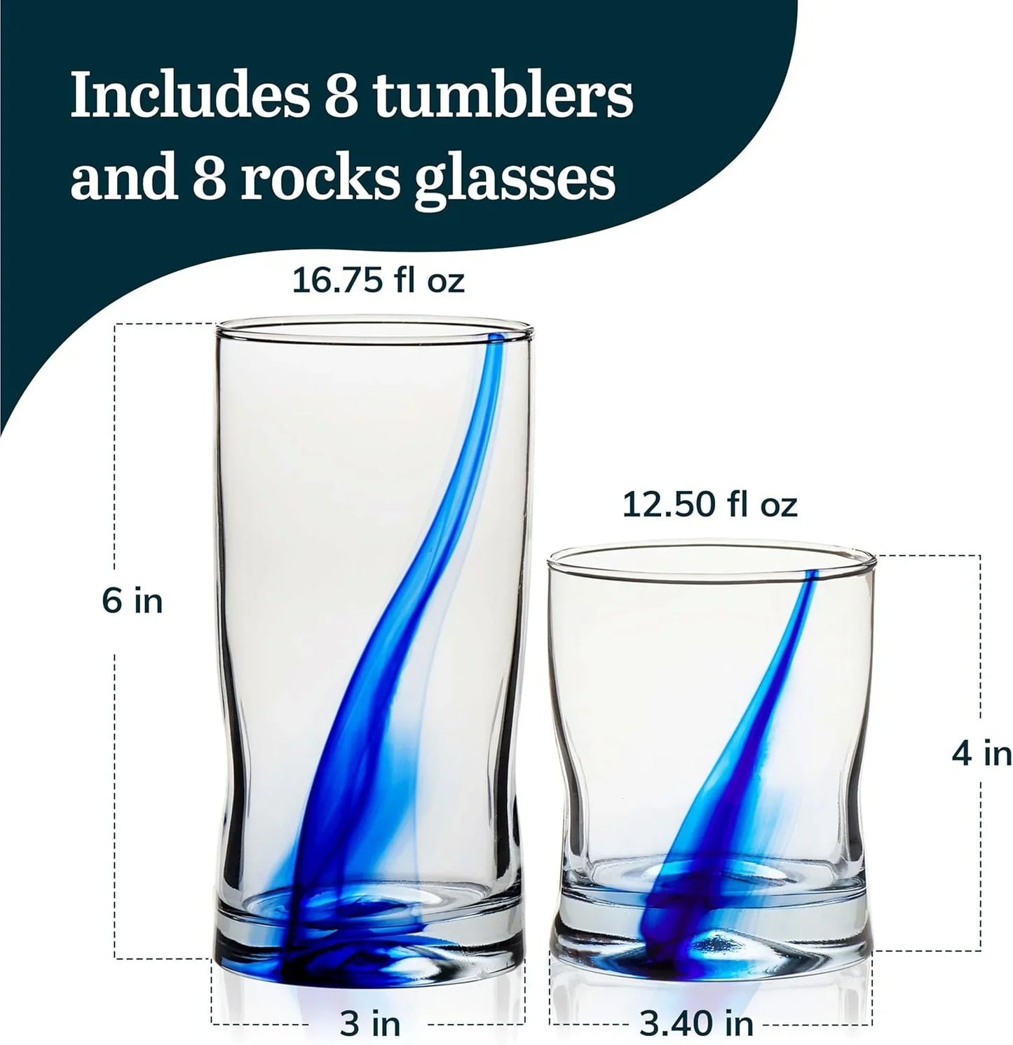 Blue Ribbon 16 Piece Tumbler and Rocks Glass Set, Infused Blue Ribbon Drinkware Glasses Set, Artisan Inspired Four-Dimple Shaped Rock Glasses, Dishwasher Safe Tumbler Glasses Set