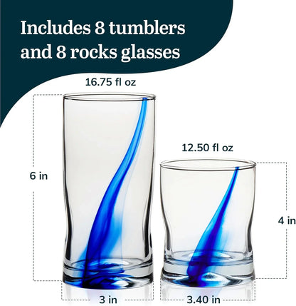 Blue Ribbon 16 Piece Tumbler and Rocks Glass Set, Infused Blue Ribbon Drinkware Glasses Set, Artisan Inspired Four-Dimple Shaped Rock Glasses, Dishwasher Safe Tumbler Glasses Set