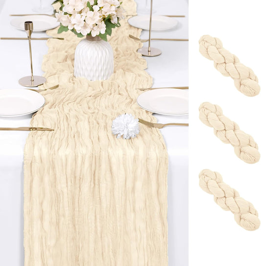 3 Pack Ivory Cheesecloth Table Runner 17X108 Inch Semi Sheer Boho Gauze Cheese Cloth Fabric Table Runners Table Decor for Wedding Party Baby Shower Birthday Home Decor Garden Farmhouse