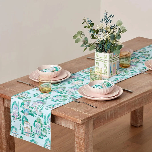 Spice Village Allover Table Runner, Blue, 14" W X 70" L
