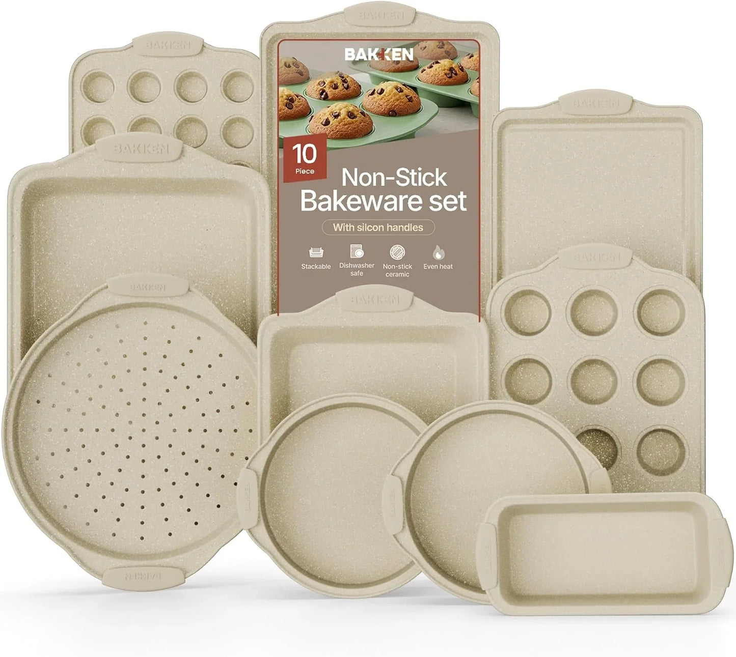 BAKKEN Kitchen Oven Baking Pans - Nonstick Gray Coating, Carbon Steel Bakeware Set with White Silicone Handles, Commercial Restaurant Quality Pans, PFOA, PFOS, PTFE Free, Oven Safe (450° F), Set of 10