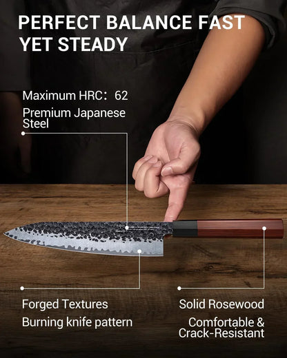 Premium Japanese steel kitchen knife with forged textures and solid rosewood handle on wood table