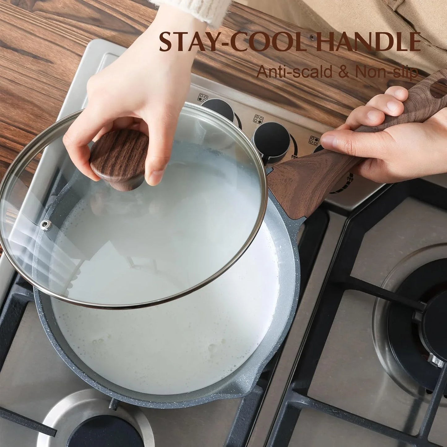 Nonstick Sauce Pan with Double Spout, 3.0 Quarts Swiss Granite Coating Sauce Pot with Lid Medium Kitchen Cooking Pot, Induction Comptable Saucepan, Free of Intentionally Added PFOA