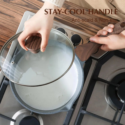 Nonstick Sauce Pan with Double Spout, 3.0 Quarts Swiss Granite Coating Sauce Pot with Lid Medium Kitchen Cooking Pot, Induction Comptable Saucepan, Free of Intentionally Added PFOA